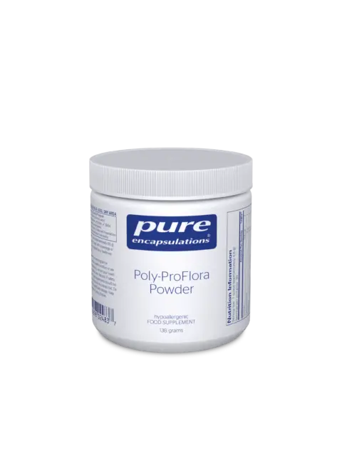 White jar of Pure Encapsulations Poly-ProFlora Powder, 120 grams.