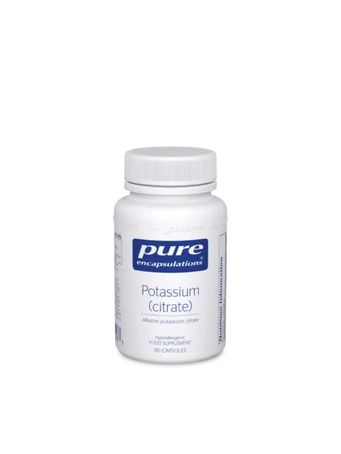 White bottle of Pure Encapsulations Potassium Citrate, 90 capsules, hypoallergenic supplement.
