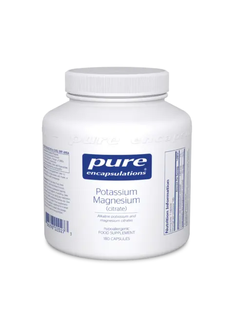 White bottle of Pure Encapsulations Potassium Magnesium citrate, 180 capsules.