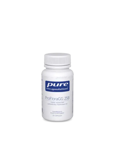 White bottle of Pure Encapsulations ProFloraGG 25B, 30 capsules, Lactobacillus rhamnosus GG.