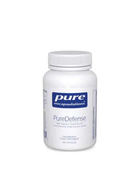 White bottle of PureDefense capsules, 120 count, with vitamins C, D, and zinc.