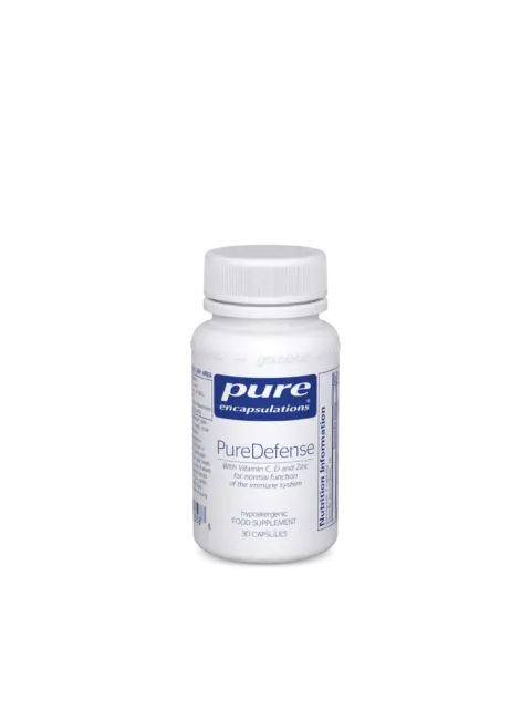 White bottle of PureDefense capsules with Vitamin C, D, and Zinc. 30 capsules.