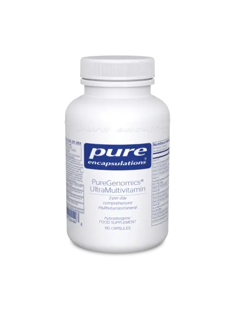 White bottle of PureGenomics UltraMultivitamin, 90 capsules, hypoallergenic.