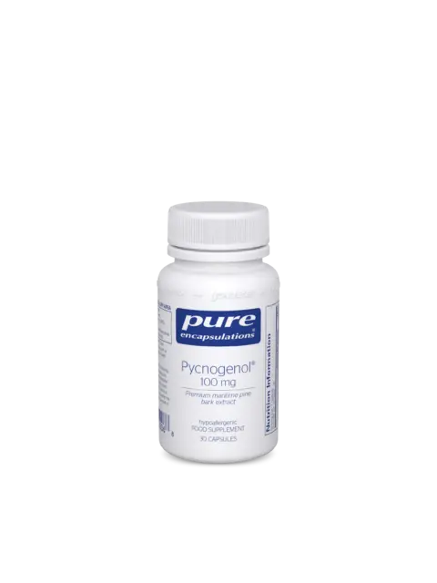 White bottle of Pure Encapsulations Pycnogenol 100 mg, 30 capsules.