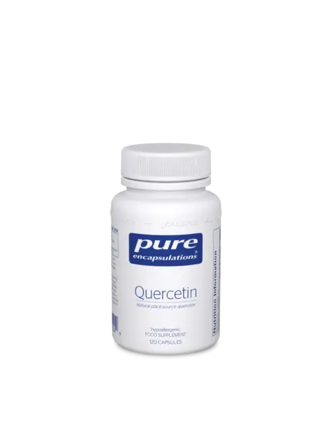 White bottle of Pure Encapsulations Quercetin, 120 capsules, hypoallergenic food supplement.