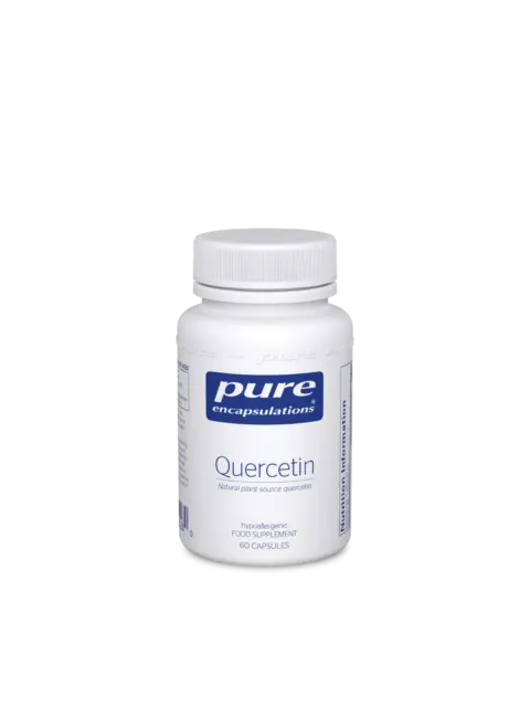 White bottle of Pure Encapsulations Quercetin, 60 capsules, hypoallergenic food supplement.
