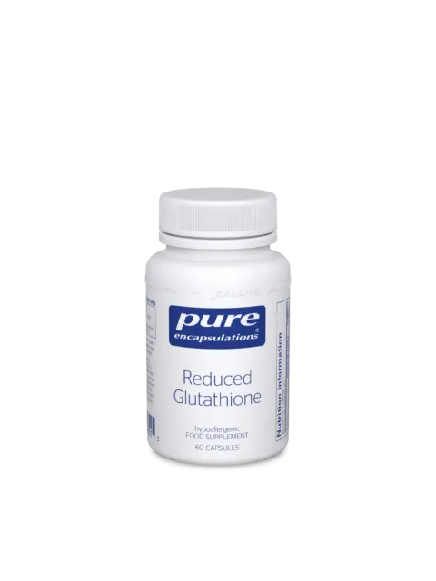 White bottle of Pure Encapsulations Reduced Glutathione, 60 capsules, hypoallergenic supplement.