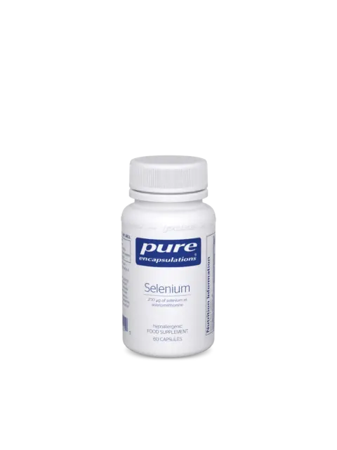 White bottle of Pure Encapsulations Selenium, 60 capsules, hypoallergenic supplement.