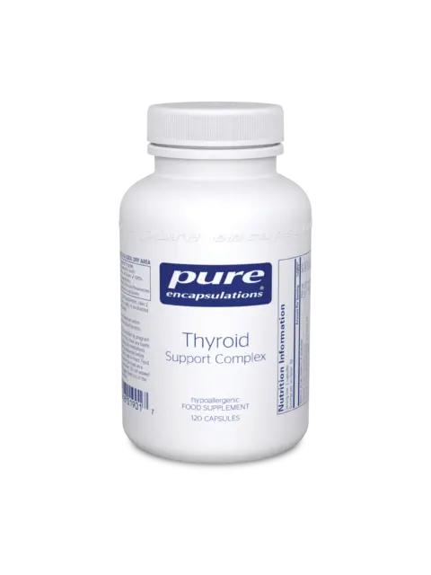 White bottle of Pure Encapsulations Thyroid Support Complex, 120 capsules.