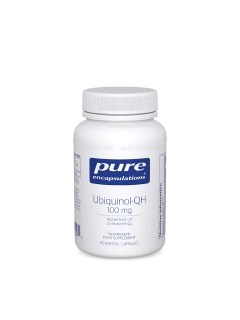 Pure Encapsulations Ubiquinol-QH 100 mg, 60 softgel capsules, hypoallergenic supplement.