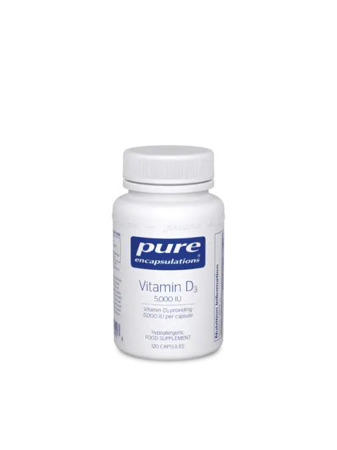 White bottle of Pure Encapsulations Vitamin D3, 5000 IU, 120 capsules.