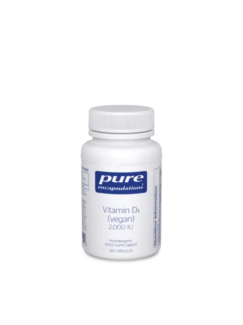 White bottle of Pure Encapsulations Vitamin D3, vegan, 2000 IU, 120 capsules.