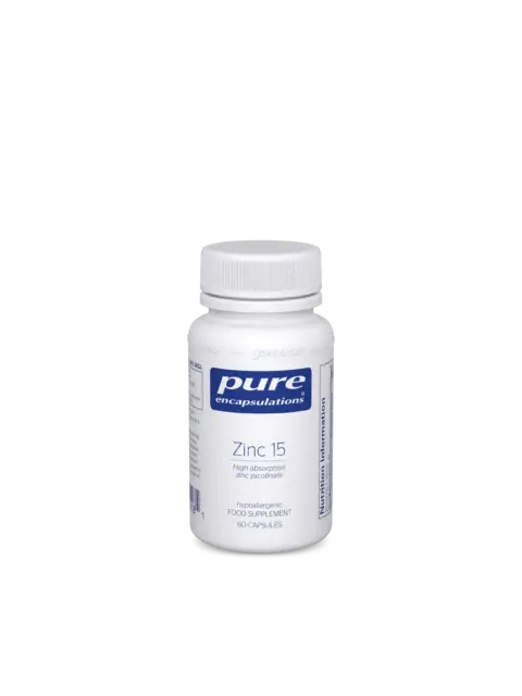 Pure Encapsulations Zinc 15 bottle, 60 capsules, high absorption zinc picolinate.