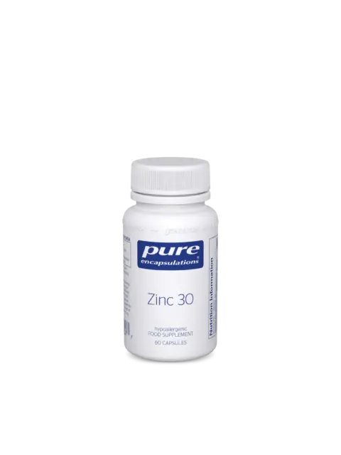 White bottle of Pure Encapsulations Zinc 30, 60 capsules, hypoallergenic food supplement.