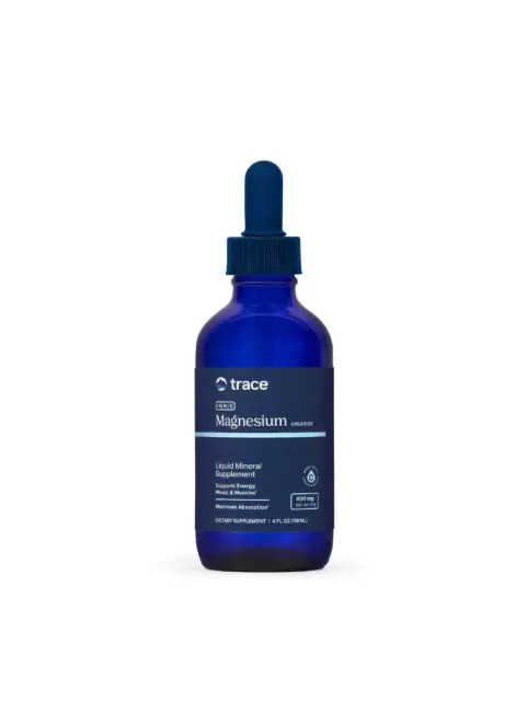 Blue bottle of Trace Ionic Magnesium Chloride liquid supplement with dropper.