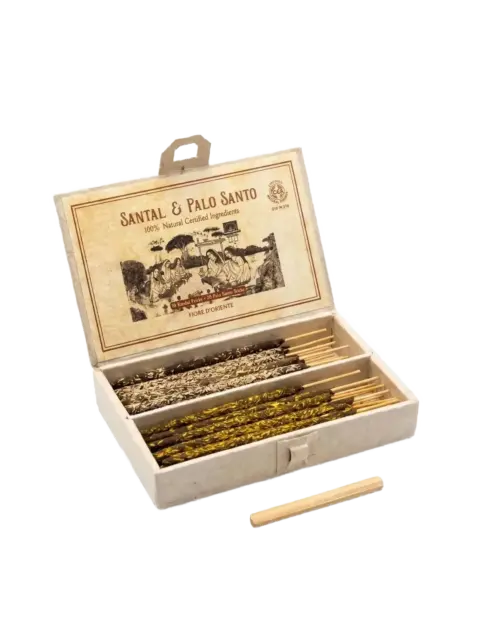 Open box of Santal & Palo Santo incense sticks with natural ingredients label.