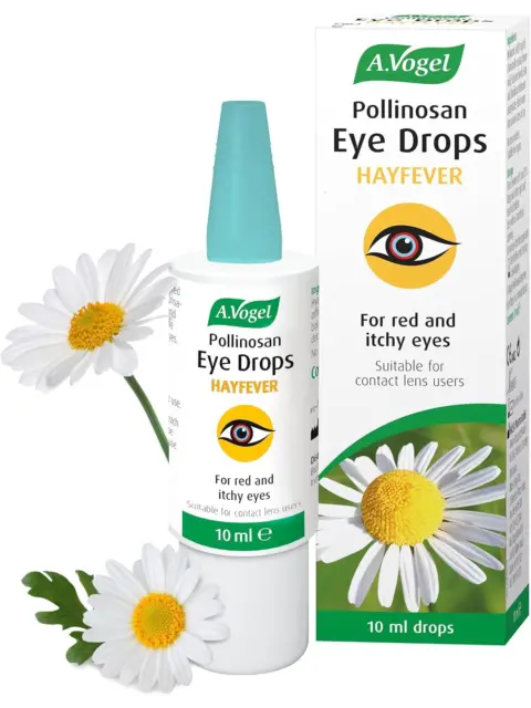 A.Vogel Pollinosan Eye Drops for hayfever, 10 ml bottle and box with daisies.
