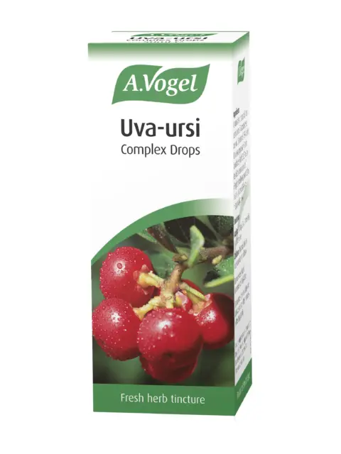 A.Vogel Uva-ursi Complex Drops box with red berries image. Fresh herb tincture.