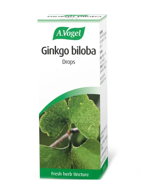 A.Vogel Ginkgo biloba drops box with green leaf image. Fresh herb tincture text at bottom.