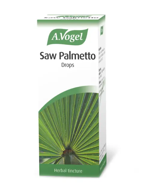 A.Vogel Saw Palmetto Drops box with palm leaf image, labelled herbal tincture.