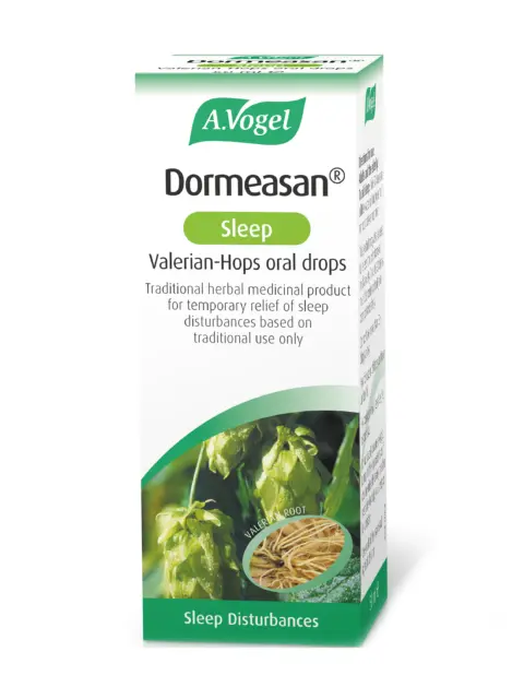 A.Vogel Dormeasan Sleep Valerian-Hops oral drops box with herbal imagery.