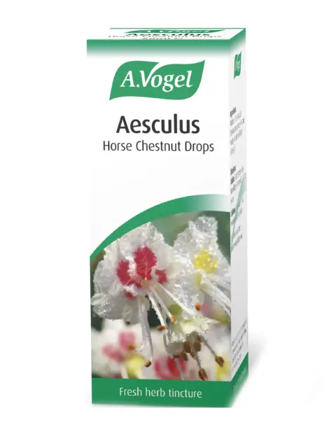 A.Vogel Aesculus Horse Chestnut Drops box with flower image. Fresh herb tincture text.