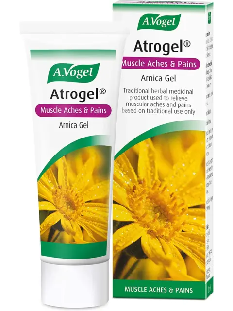 Atrogel Arnica Gel tube and box with yellow flower image. For muscle aches and pains.