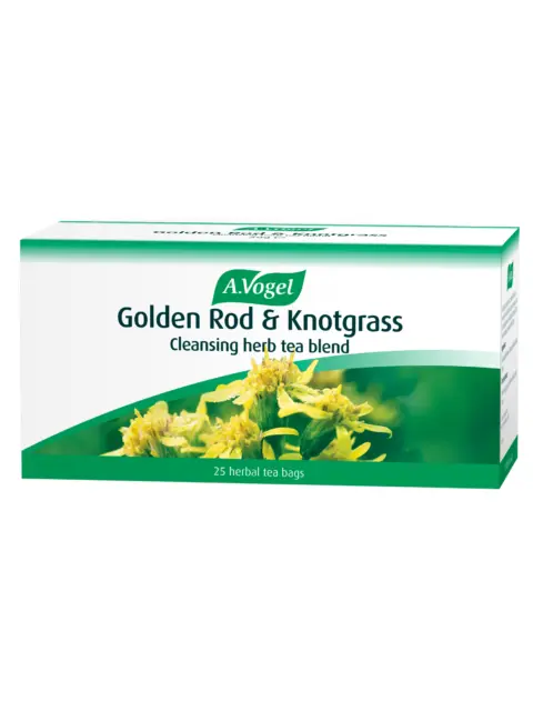 A.Vogel Golden Rod & Knotgrass herbal tea, 25 bags, green box with yellow flowers.