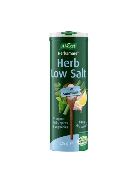 A.Vogel Herbamare Herb Low Salt, 125g, salt substitute with herbs and lemon slice. Vegan approved.