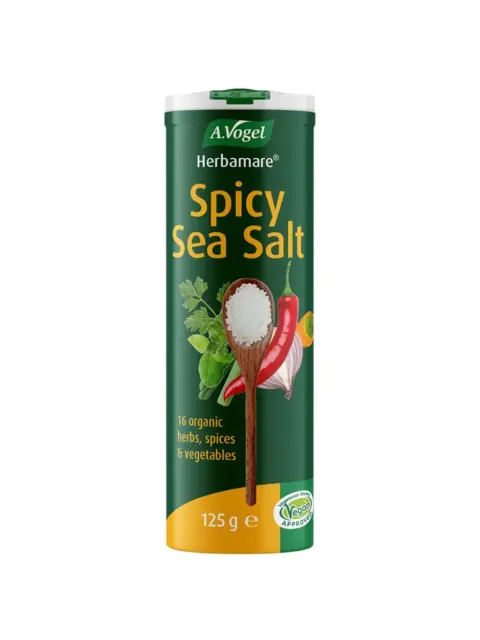 A. Vogel Herbamare Spicy Sea Salt, 125g, with herbs and spices illustration. Vegan approved.