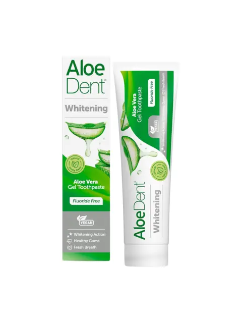 Aloe Dent Whitening Aloe Vera Gel Toothpaste, fluoride free, vegan, 75ml tube and box.