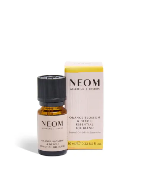 Neom orange blossom and neroli essential oil blend, 10ml bottle with packaging.