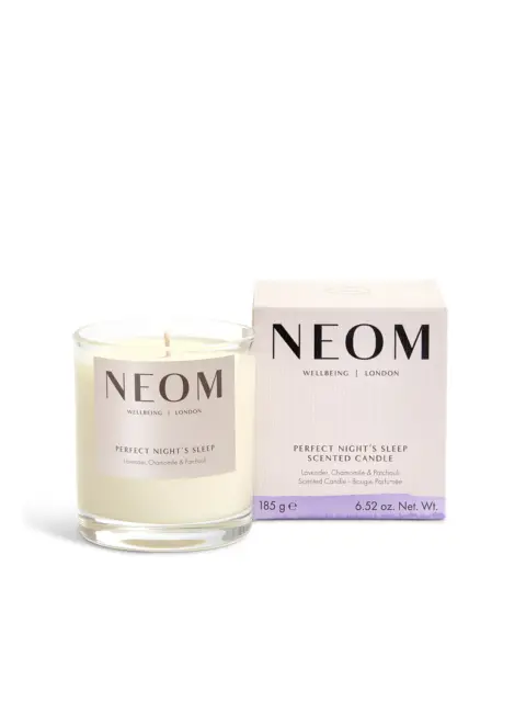 NEOM Perfect Night's Sleep candle, lavender, chamomile, patchouli, 185g, next to its box.