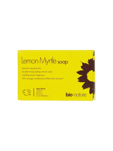 Lemon Myrtle soap box, yellow with sunflower design, bio-nature brand, cruelty-free.