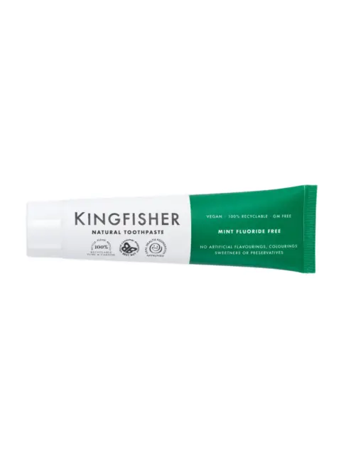 Kingfisher Natural Toothpaste tube, mint fluoride-free, vegan, recyclable, GM free.