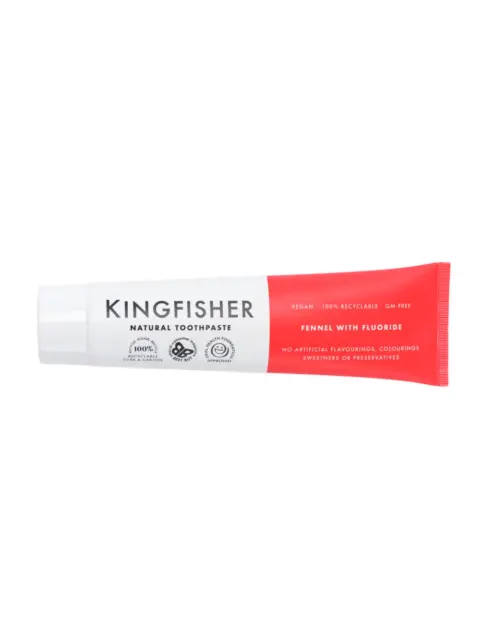 Kingfisher natural toothpaste tube, fennel with fluoride, vegan, recyclable, GM free.