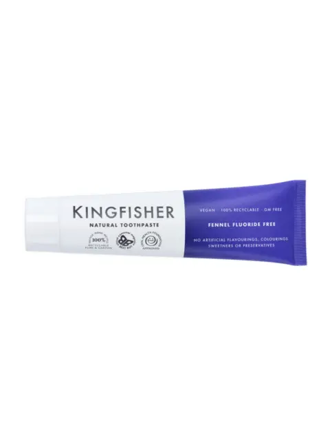 Kingfisher natural toothpaste tube, fennel fluoride-free, vegan, recyclable packaging.