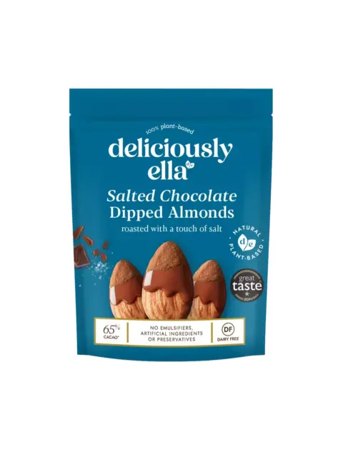 Deliciously Ella Salted Chocolate Dipped Almonds, plant-based, dairy-free, 65% cacao.