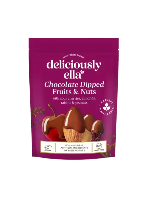 Deliciously Ella chocolate dipped fruits and nuts pouch, 45% cocoa, dairy-free.