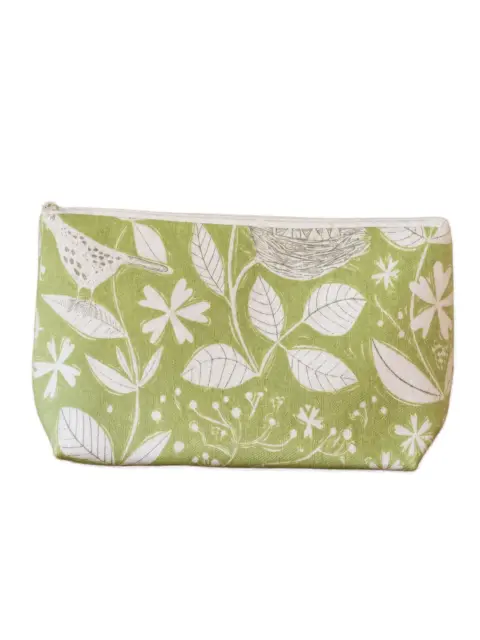 Green fabric pouch with white bird and leaf pattern.