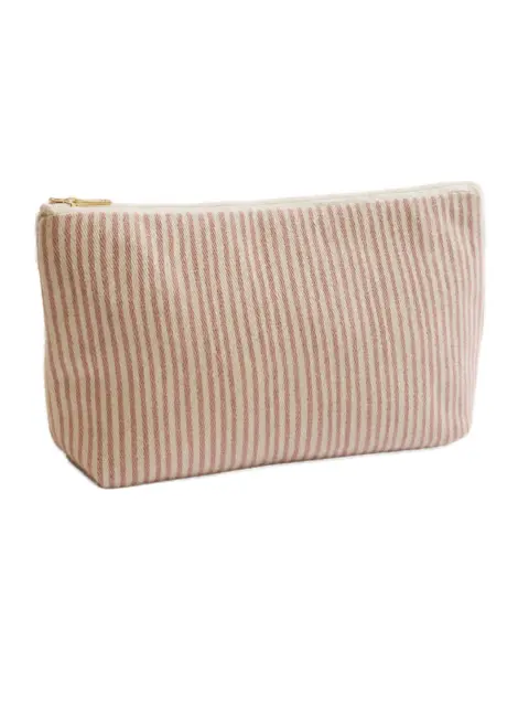 Pink and white striped fabric pouch with a zip closure.