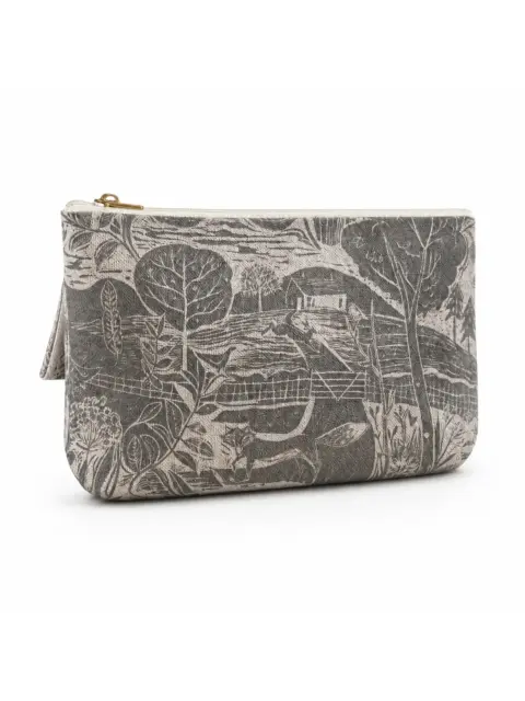 Rectangular pouch with a grey countryside print, featuring trees and a house.
