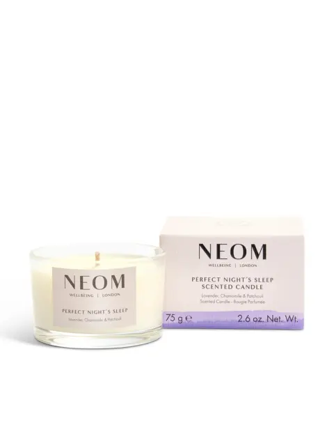NEOM Perfect Night's Sleep scented candle with lavender, chamomile, and patchouli, 75g.
