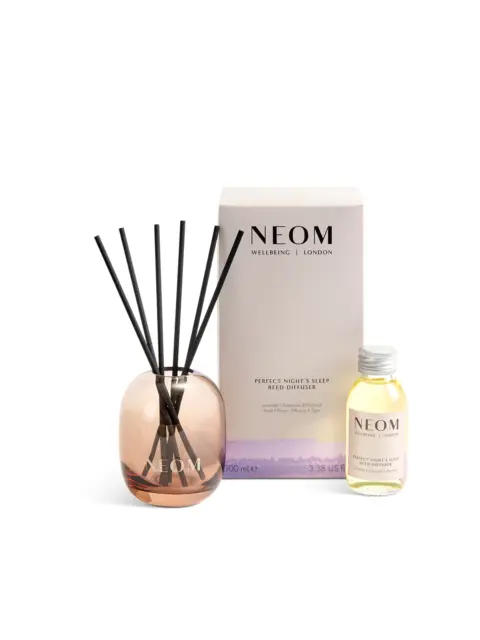 NEOM Perfect Night's Sleep reed diffuser set with bottle and box.