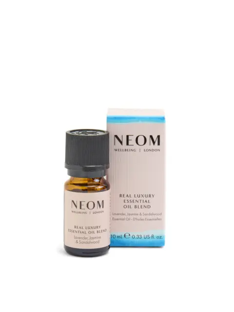 Neom Real Luxury Essential Oil Blend, 10ml bottle and box. Lavender, Jasmine, Sandalwood.