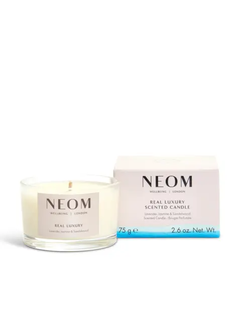 NEOM Real Luxury scented candle with lavender, jasmine, and sandalwood. 75g glass jar and box.