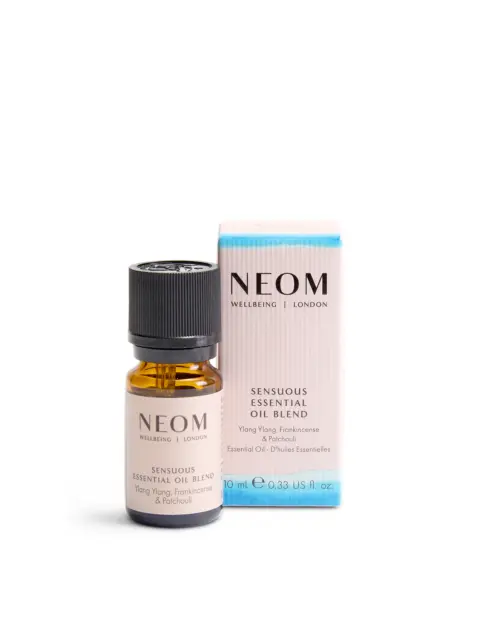 Neom Sensuous Essential Oil Blend bottle and box, 10ml.