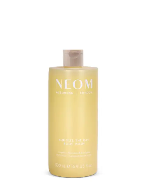 NEOM Squeeze the Day Body Wash, 500ml bottle, grapefruit, mandarin, eucalyptus scent.