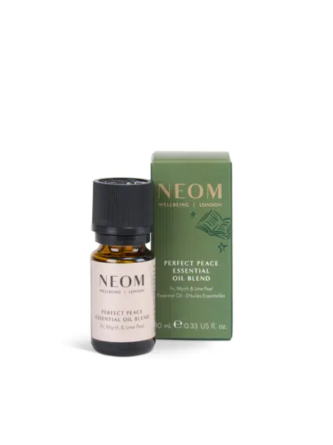 NEOM Perfect Peace Essential Oil Blend, 10ml bottle and green box. Fir, Myrrh, Lime Peel.