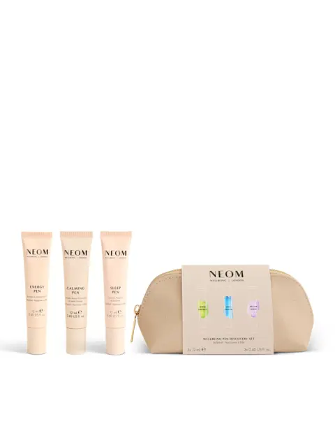 NEOM Wellbeing Pen Discovery Set with three tubes and a beige pouch.